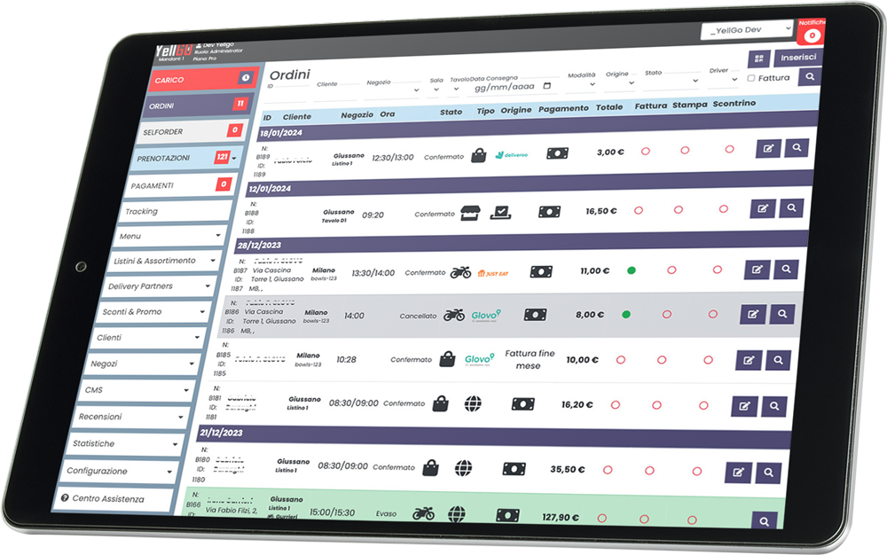 YellGO Delivery partner -Siamo integrati con i delivery partner, ricevi tutti gli ordini in un unico pannello di controllo. Integrati con JustEat - Deliveroo - Glovo