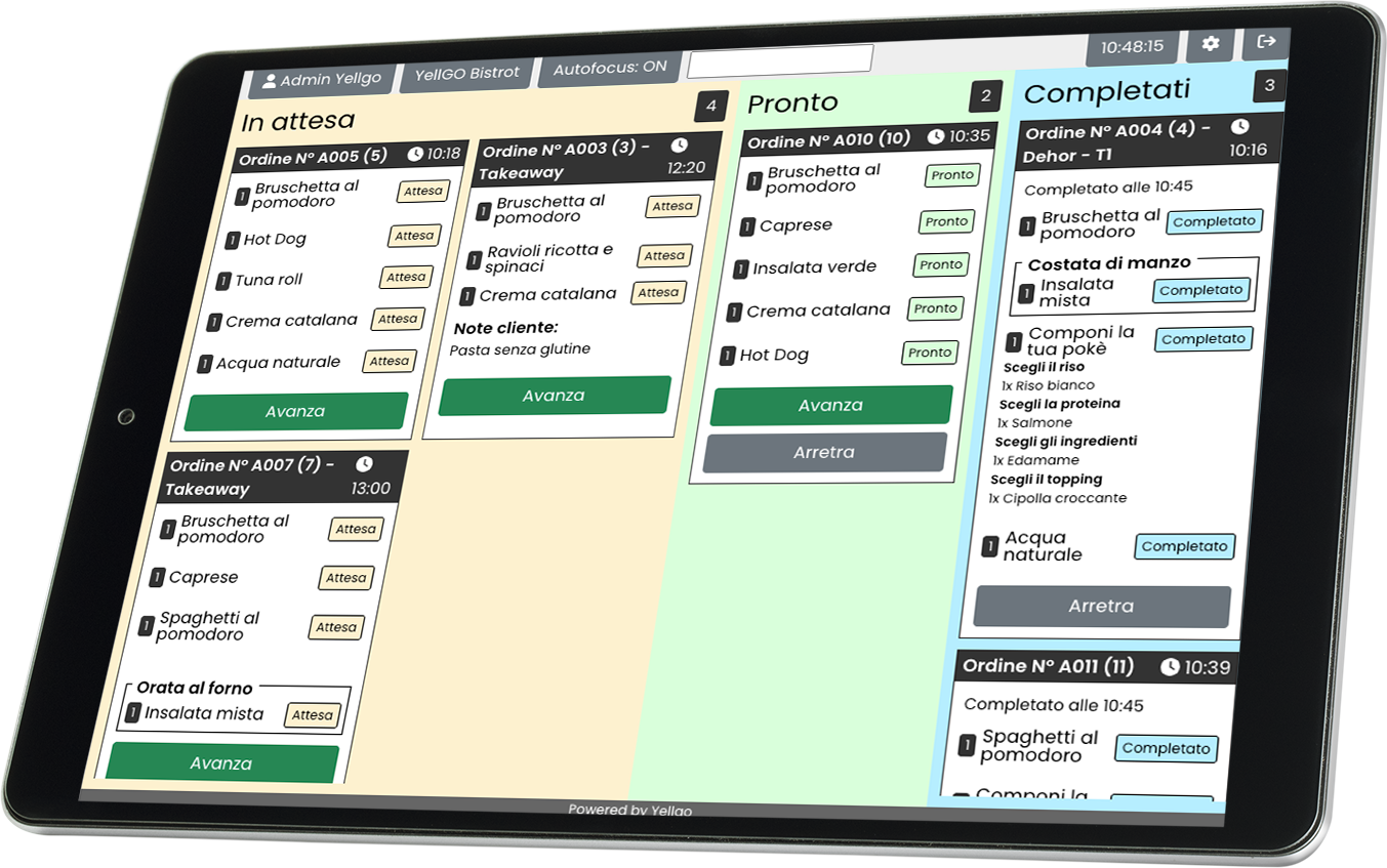 YellGO KDS Kitchen Manager - Sistema di gestione e visual display dei vari stati di avanzamento ordine.