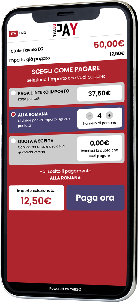 YellGOPAY - La soluzione tramite scansione QRcode per permettere ai tuoi clienti di pagare separatamente alla romana, con una quota a scelta a persona oppure con un’unica soluzione.