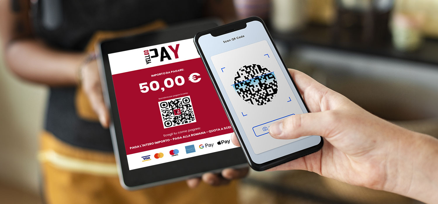 YellGOPAY - La soluzione tramite scansione QRcode per permettere ai tuoi clienti di pagare separatamente alla romana, con una quota a scelta a persona oppure con un’unica soluzione.