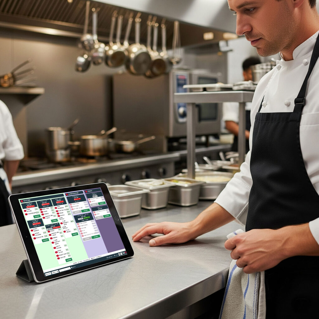 YellGO KDS Kitchen Manager - tablet su bancone cucina con sistema gestione ordini