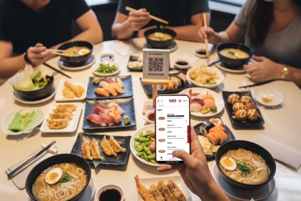 YellGO selforder all you can eat - persona seduta ad un tavolo di un ristorante all you can eat scannerizza il qr code per ordinare