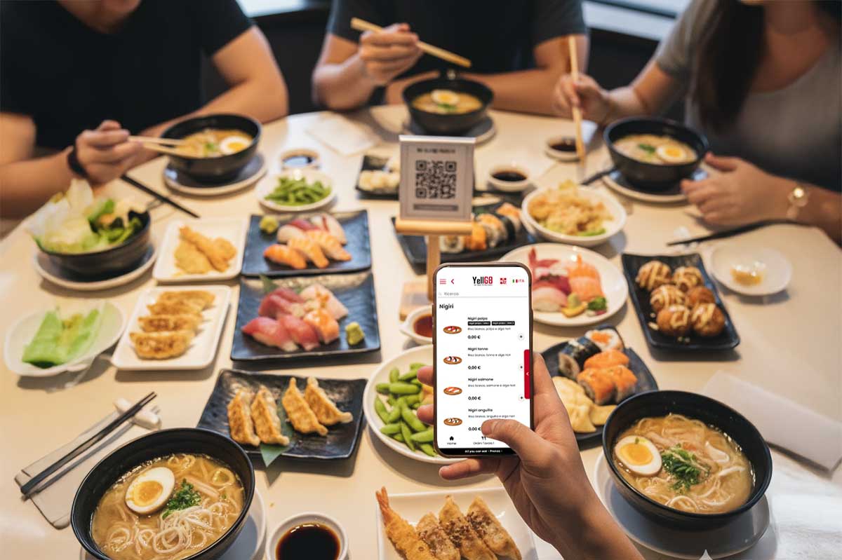 YellGO selforder all you can eat - persona seduta ad un tavolo di un ristorante all you can eat scannerizza il qr code per ordinare