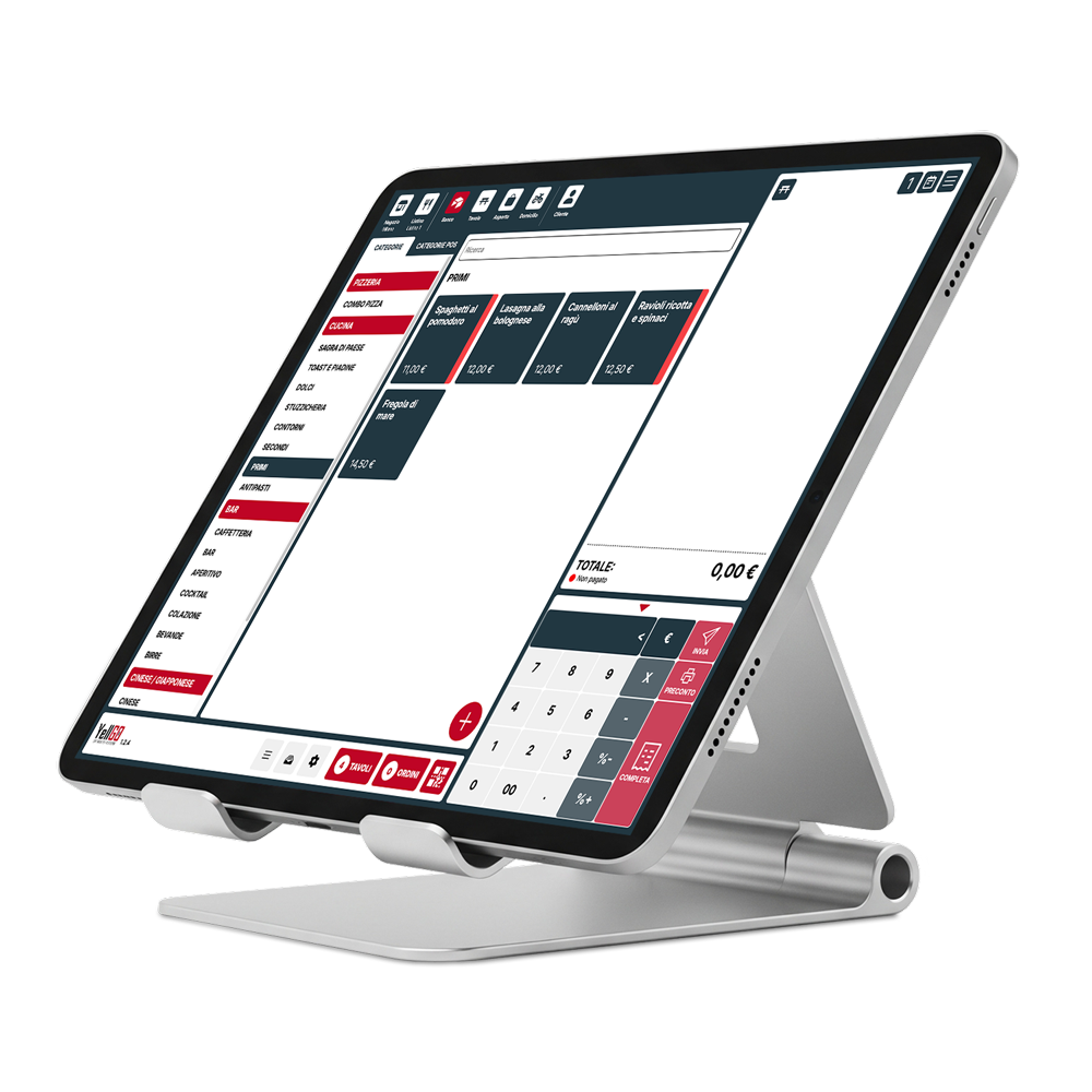 YellGO - tablet appoggiato su un supporto con a schermo il punto cassa YellGO